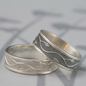 Ivy Vine Band--Solid Sterling Silver Wide Flat Edge Band with Modern Edge--Lines and Leaf Patterned Wedding Band--Made to Size Wedding Ring