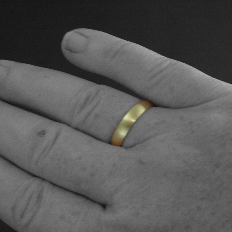 May include: A gold wedding band on a person's finger.