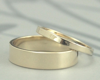 Solid 14K Gold Flat Modern Wedding Band Set--Straight and Narrow Wedding Bands--His and Hers Wedding Ring Set--Your Choice of Gold Color