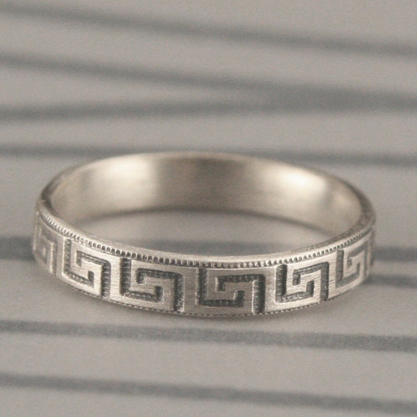 Greek to Me--Sterling Silver Greek Key Patterned Wedding Band--Sterling Silver Stacking Ring Made in YOUR Size