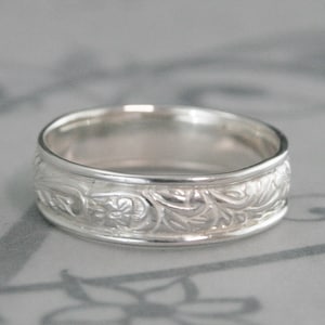 Wide Silver Band Men's Wedding Ring Floral Embossed Ring Women's Silver Ring Neoclassic Edged Ring Floral Swoop Patterned Ring Recycled