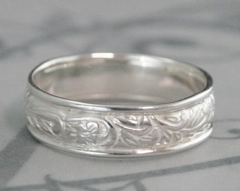 Wide Silver Band Men's Wedding Ring Floral Embossed Ring Women's Silver Ring Neoclassic Edged Ring Floral Swoop Patterned Ring Recycled