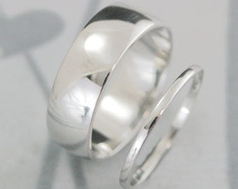 Massief platina dik en dun bruiloft SET 7 mm brede ring en dunne 1,5 mm ring Perfecte trouwringset voor hem en haar Handgemaakte trouwringen