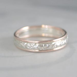 Gold Edged Silver Band Two Tone Wedding Ring Vintage Style Ring Antique Style Band Flourish Rococo Touch of Gold Band 4mm wide Wedding Band