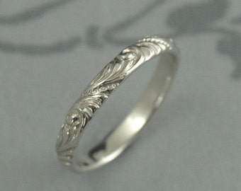 White Gold Wedding Band Florence Flourish Patterned Ring Vintage Style Wedding Ring Swirl Patterned Band Elegant Anniversary Ring