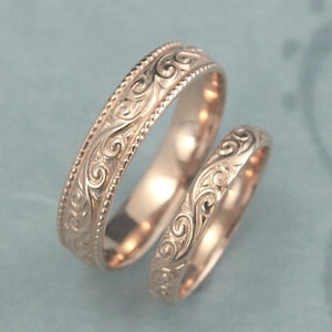 Antique Style Wedding Rings Flourish Wide Wedding Set 14K Rose Gold Wedding Bands Vintage Design Rings Patterned Rings His and Hers Bands