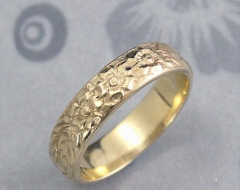 14K Gold Floral Ring~Gold Wedding Band~Wide Gold Band~Gold Flower Band~Patterned Band~Patterned Ring~Botanical Gold Band~Floral Wedding Band