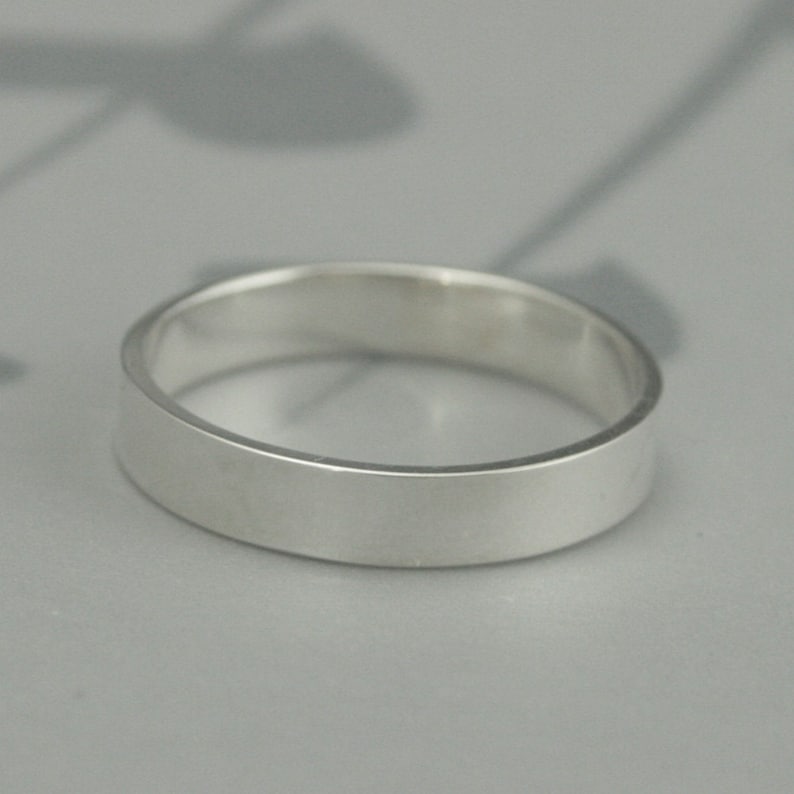 Ring Mens Wedding Band Womens Wedding Ring Silver Wedding Band 4mm Ring Flat Edge Band Grooms Ring Sleek Wedding Band Straight /& Narrow Band