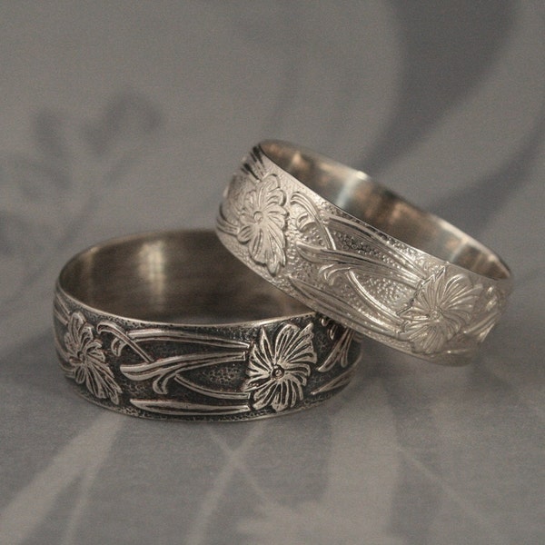 Silver Wedding Ring-Fleur Nouveau Ring-Sterling Silver Art Nouveau Floral Patterned Wide Band--Custom Made in YOUR Size