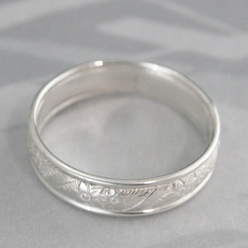 Wide Silver Ring Spring Flowers Edged Band Sterling Silver Men's Ring Women's Wedding Band Floral Patterned Ring Handmade Wedding Ring image 3