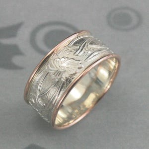Wide Art Nouveau Ring Unique Wedding Band Floral Ring Edged in Gold Two Tone Ring Art Deco Ring Vintage Ring Antique Ring Wide Floral Band