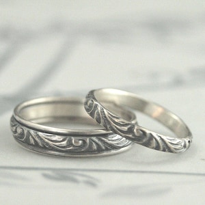 Vintage Style Rings Antique Look Bands Florence Flourish Wedding Set His and Hers Rings Patterned Bands Sterling Silver Rings Wedding Bands