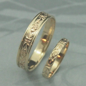 Romance in the Garden Wedding Band Set Solid 14K Yellow Gold Floral Patterned Rings Solid Gold His and Hers Bands