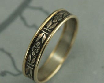 Alianza de boda de dos tonos--Romance en el jardín Toque de anillo de oro--Anillo bimetálico--Anillo estampado de plata oxidada y oro