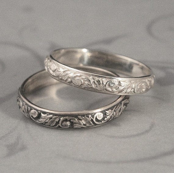 Antique Style Ring Going Baroque Band Vintage Design Ring Patterned Band Sterling Silver Wedding Ring Vine Band Leaf Ring Stacking Ring