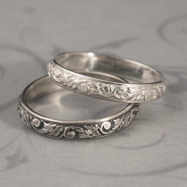 Antique Style Ring Going Baroque Band Vintage Design Ring Patterned Band Sterling Silver Wedding Ring Vine Band Leaf Ring Stacking Ring