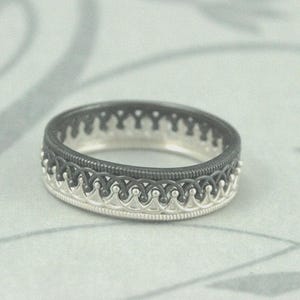 Princess Crown Black & White Band Interlocking Stacking Set-Solid Sterling Silver Crown Bands-Crown Rings Oxidized Black and High Polished