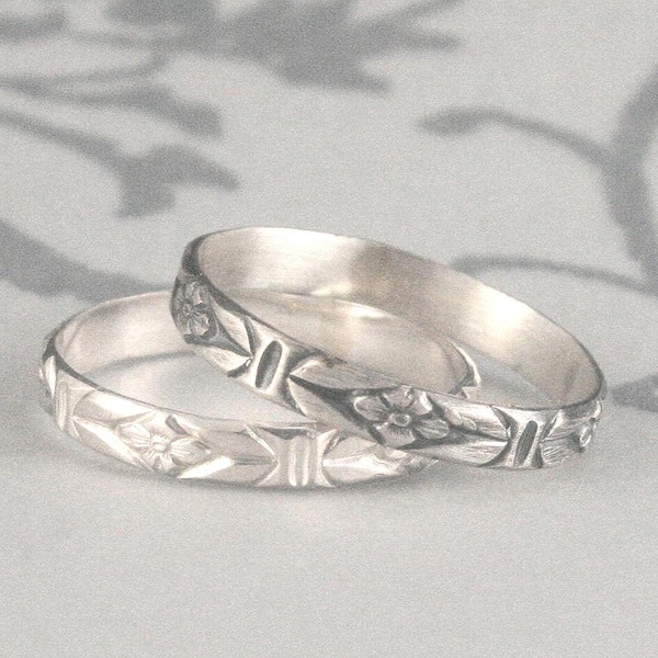 Vintage Stil Ring Romanze im Garten Sterling Silber Ehering Stapelring gemusterter Silberring Blumenband Vintage-Stil Ring