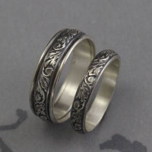 Silver Wedding Bands~Wedding Band Set-~His and Hers Rings~Silver Wedding Rings~Leaf and Swirl Design Bands~Going Baroque Bands