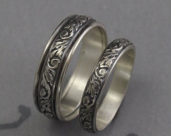 Silver Wedding Bands~Wedding Band Set-~His and Hers Rings~Silver Wedding Rings~Leaf and Swirl Design Bands~Going Baroque Bands