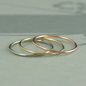 10K Gold 1mm Full Round Bands--Set of Three Tri Color Stacking Rings--Solid Gold Stacking Rings--Set of ALL Three--18 Gauge Round Bands
