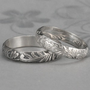 Silver Floral Band--Leaf and Flower Ring--Neoclassical Floral Ring--Sterling Silver Floral Patterned Wedding Band