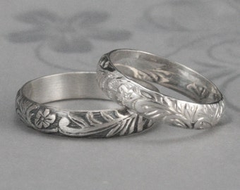 Silver Floral Band--Leaf and Flower Ring--Neoclassical Floral Ring--Sterling Silver Floral Patterned Wedding Band