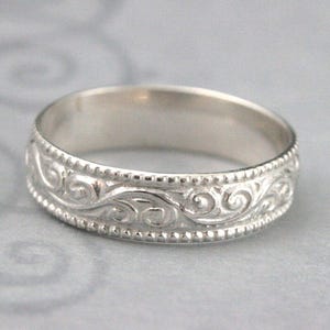 Band Herren Ehering Milgrain Band Breiter Ehering mit Milgrain Kante Schnörkel breiter Silber Ehering gemusterte Band Silber Herren