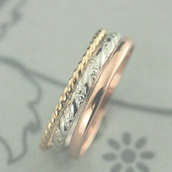 Gold Stacking Set--TriColor Ring Set--Stacking Ring Set--Elegant Stackers--Twist Band--Gold Stacking Rings--Stacker Rings--Gift for Her