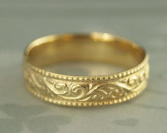 18K Gold Band Men's Wedding Ring Men's Wedding Band Women's Gold Band Women's Gold Ring Flourish Wide Gold Band Wide Gold Ring Swirl Ring