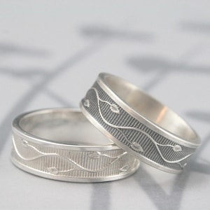 Ivy Vine Band--Solid Sterling Silver Wide Flat Edge Band with Modern Edge--Lines and Leaf Patterned Wedding Band--Made to Size Wedding Ring
