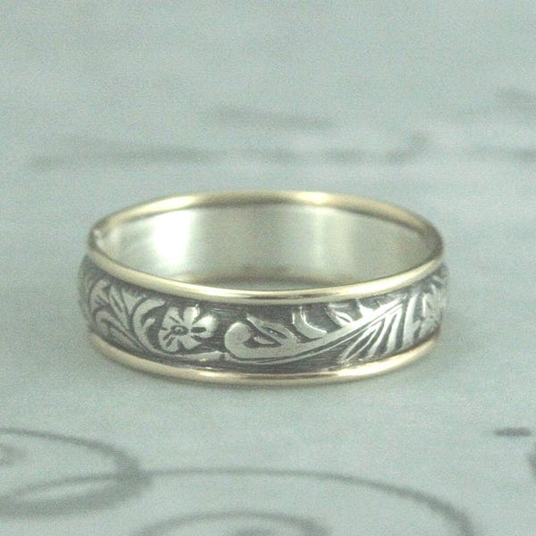 Neoclassical Floral Touch of Gold Ring Bimetal Band Two Tone Wedding Ring Oxidized Floral Patterned Wedding Ring Your Choice of Gold Color