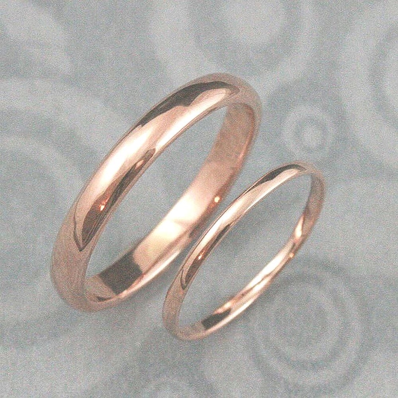 Men's Wedding Band Women's Wedding Ring His and Hers Bands 3mm Wide and 1.5mm Half Round Bands Plain Jane Wedding Ring Set Solid 14K Gold image 1