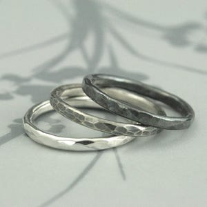 Ombre Silver Lava Set Solid Sterling Silver Hammered Stacking Ring Set of 3 Bands Hammered Silver Bands 2mm Full Round Bands Hammered Silver