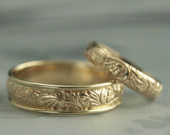 His and Hers Bands Gold Wedding Set His and Hers Rings Gold Wedding Rings Matching Wedding Bands Neoclassic Floral Wedding Band Flower Rings