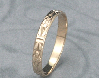 Gold Wedding Band Romance in the Garden Solid 14K Yellow Gold Floral Patterned Ring Gold Wedding Ring Women's Wedding Band Vintage Band