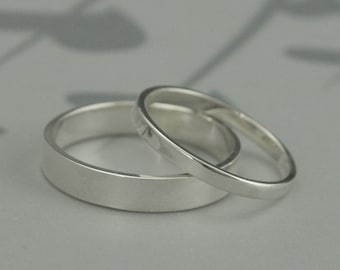 The Straight and Narrow Thin Bands--Solid Sterling Silver Flat Edge Wedding Ring Set--Modern His and Hers Bands