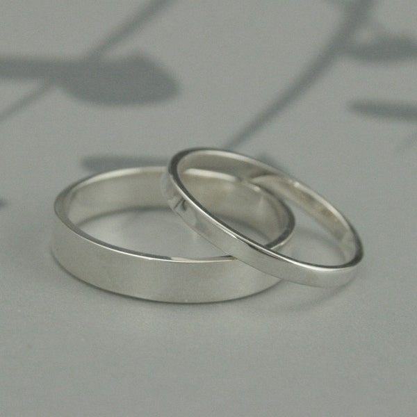 The Straight and Narrow Thin Bands--Solid Sterling Silver Flat Edge Wedding Ring Set--Modern His and Hers Bands