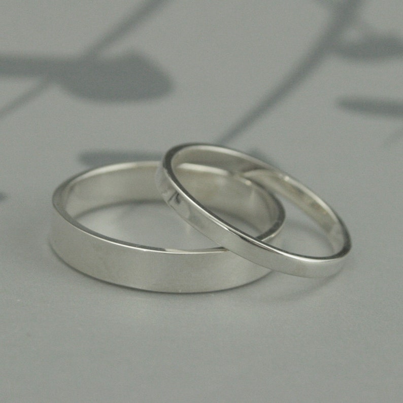 The Straight and Narrow Thin BandsSolid Sterling Silver Flat Edge Wedding Ring SetModern His and Hers Bands image 1