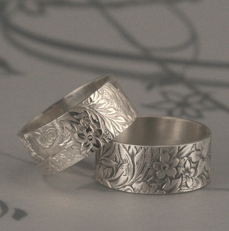 Flora and Fauna 8.5mm Wide Sterling Silver Band or Floral Weddin