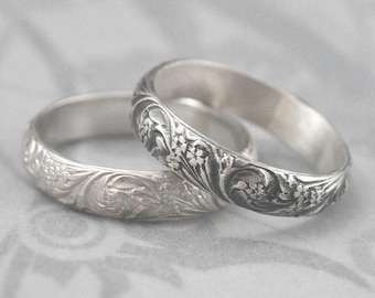 Vintage Style Band Silver Wedding Band Bridal Bouquet Floral Ring Antique Style Wedding Ring Women's Wedding Band Garden Wedding Ring