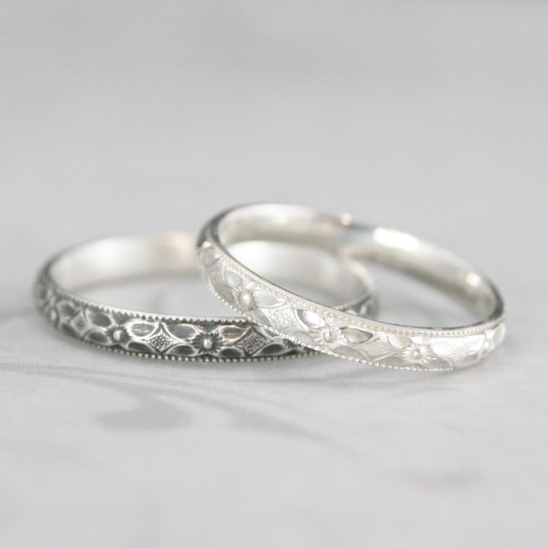 Silver Wedding Ring for Women Patterned Band Wedding Women's Silver Ring Renaissance Band Stacking Ring Milgrain Wedding Band Milgrain Ring image 1