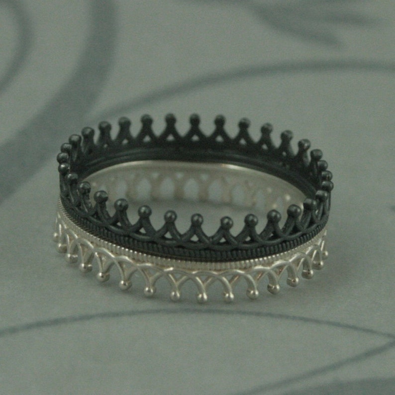 Princess Crown Black & White Band Interlocking Stacking Set-Solid Sterling Silver Crown Bands-Crown Rings Oxidized Black and High Polished image 2