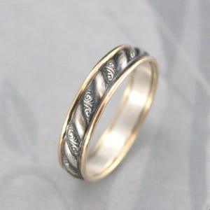 Two Tone Wedding Ring Touch of Gold Wide Versailles Band Unique Wedding Ring Bimetal Ring Embossed Design Silver and Gold Wedding Band