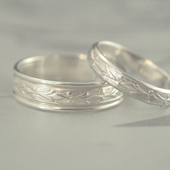 Silver Wedding Set His and Hers Wedding Bands Silver Wedding Rings Edwardian Bands Geometric Ring Set His and Hers Silver Rings Blazer Arts