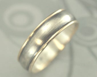 Two Tone Ring 14K Gold and Sterling Silver Handmade Wedding Band for Him or Her 6mm Wide Comfort Fit Touch of Gold Ring Unique Wedding Ring
