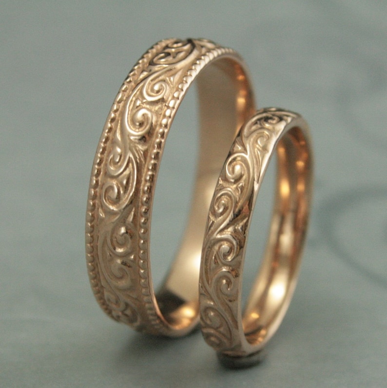 Antique Style Wedding Rings Flourish Wide Wedding Set 14K Rose - Etsy