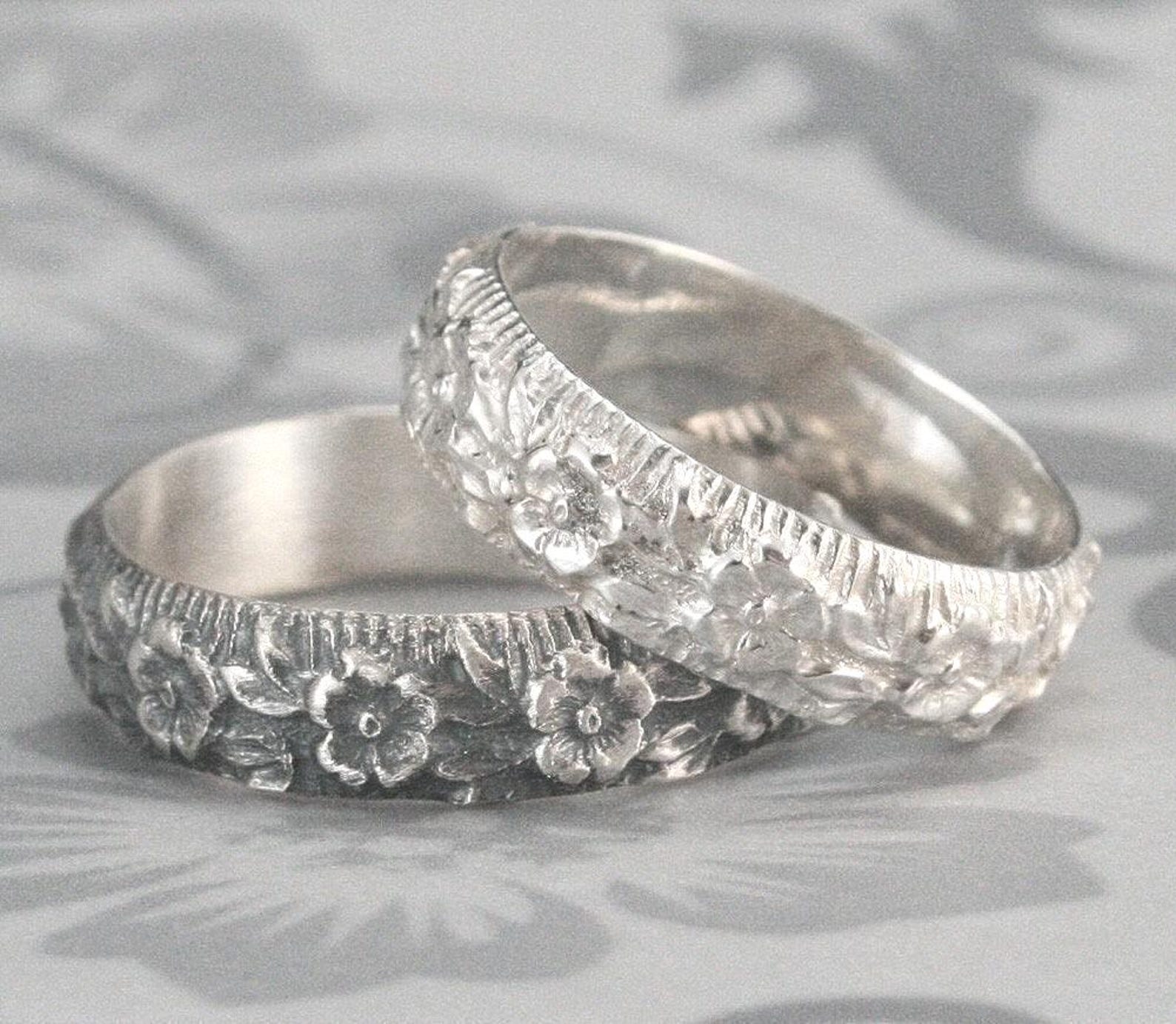 Ring Flower Pattern Silver Flower Ring Rose Ring Flower Pattern Band Ring Around the Rosy ...