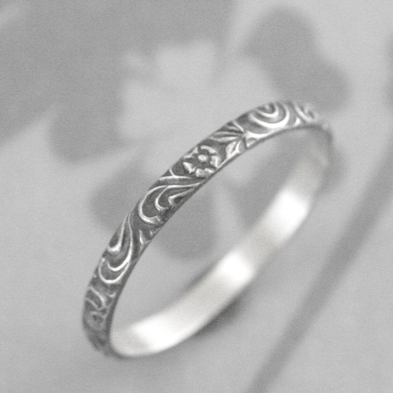 Bague Ancienne En Argent Massif 925 - Jonc/Alliance à Motif Fleuri - Taille 57 - France