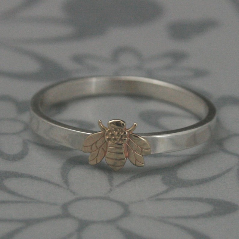 Bugga Bugga BandsSolid 14K Yellow Gold Bug of Your Choice on a 2mm wide Sterling Silver BandCustom Made in Your SizeStack Em' Up image 3
